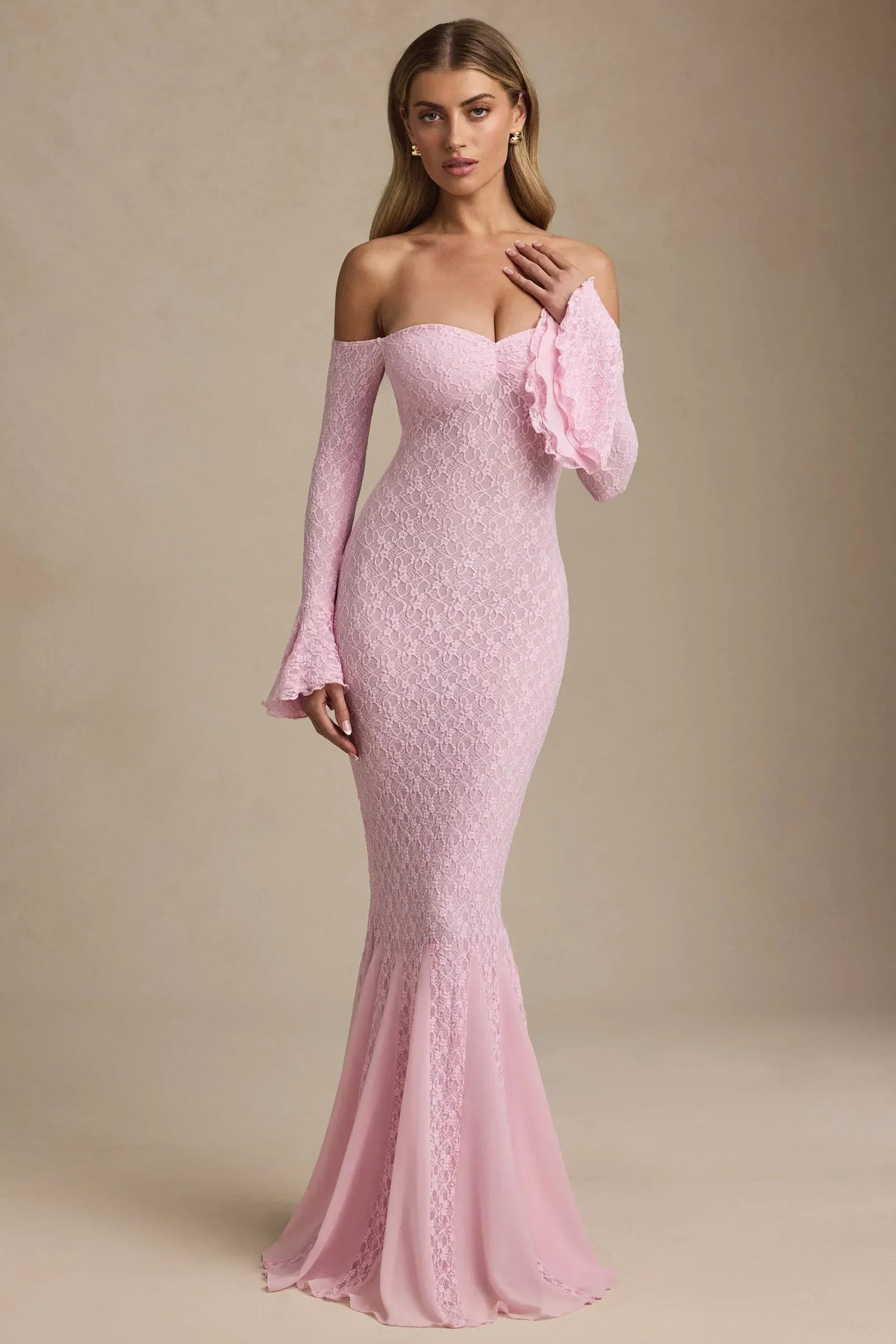 Off-Shoulder Ruffle Lace Maxi Dress in Soft Pink