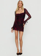 Dalzine Long Sleeve Mini Dress Burgundy Floral