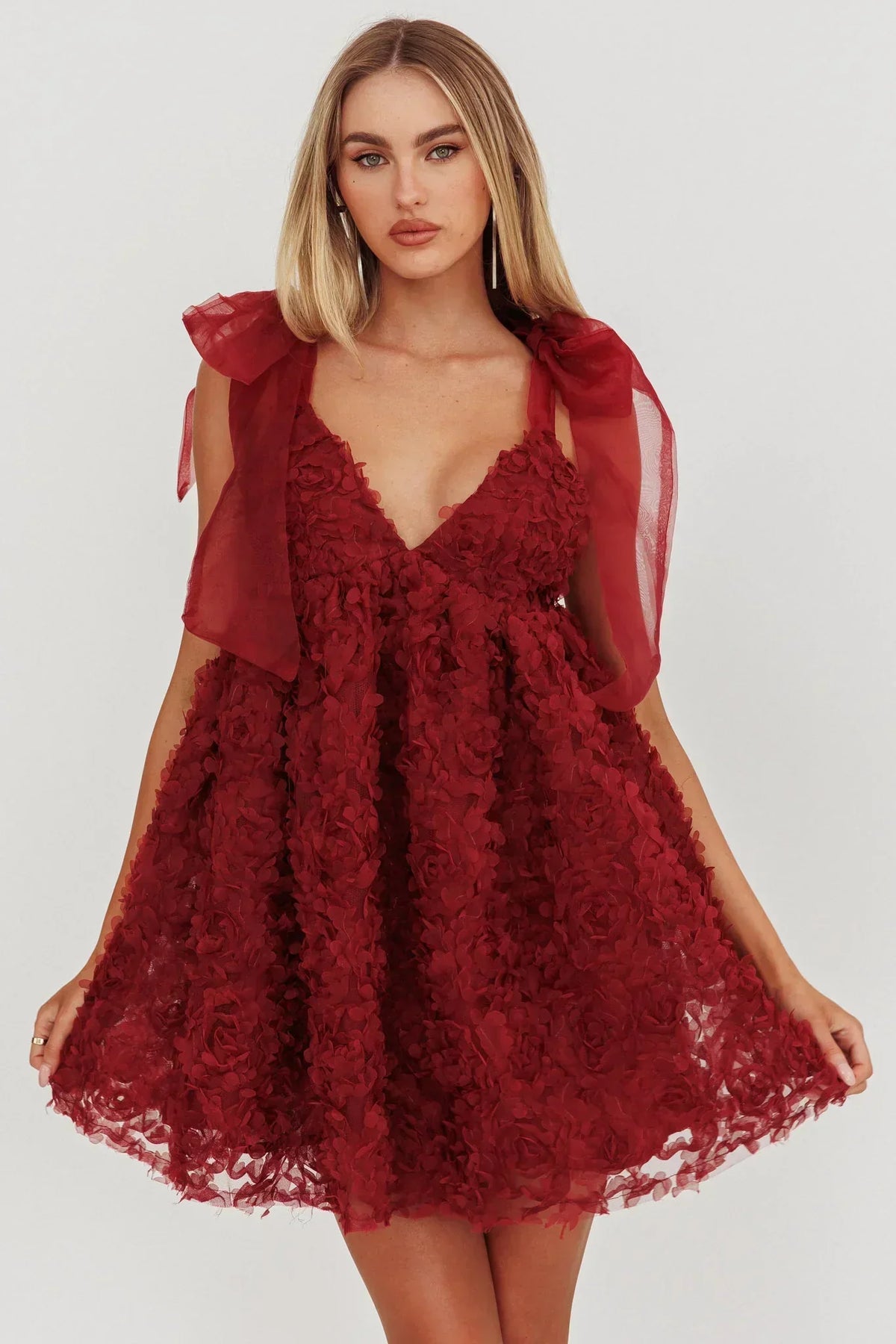 Lisette Tied Shoulder Embellished Mini Dress Wine