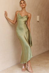 Morning Sun Cowl Neckline Asymmetrical Hem Midi Dress Olive