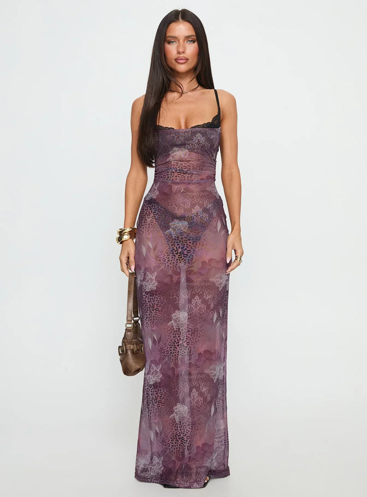 Evera Sheer Built In Bra Maxi Dress Purple