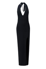 Halter Black Plunge Fitted Slit Dress