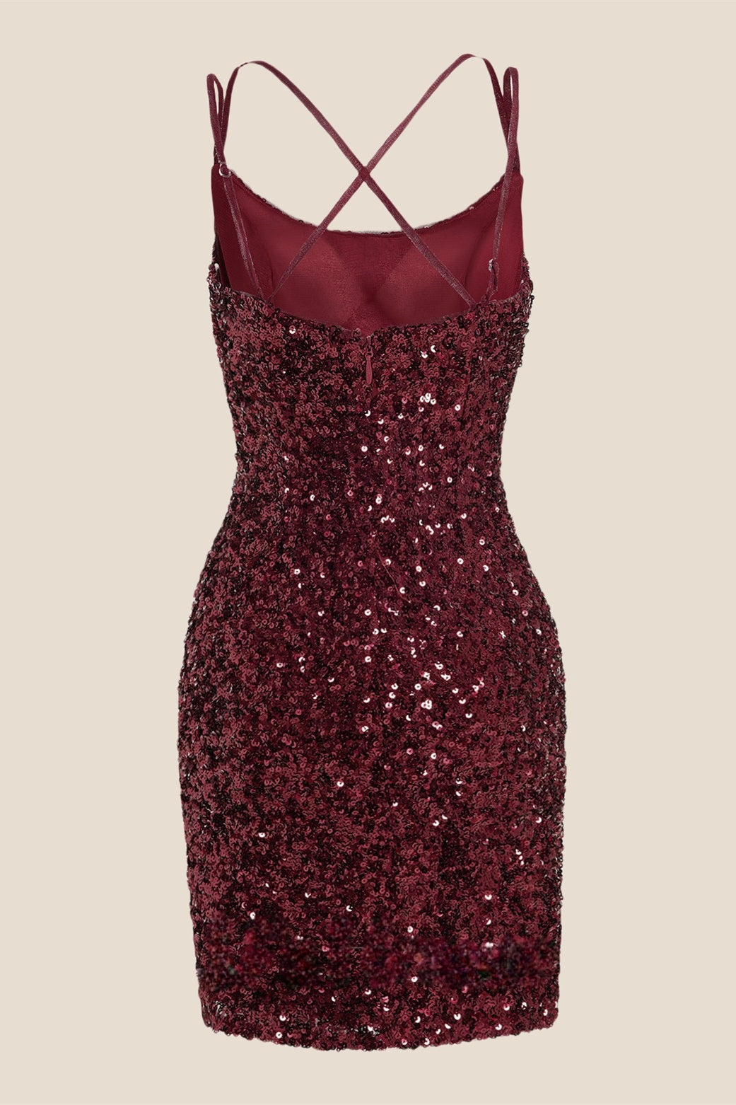 Double Straps Burgundy Sequin Short Dress