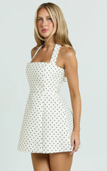 Dante Mini Dress - Halter Neck Tie Tulip Skirt Dress in White Polkadot