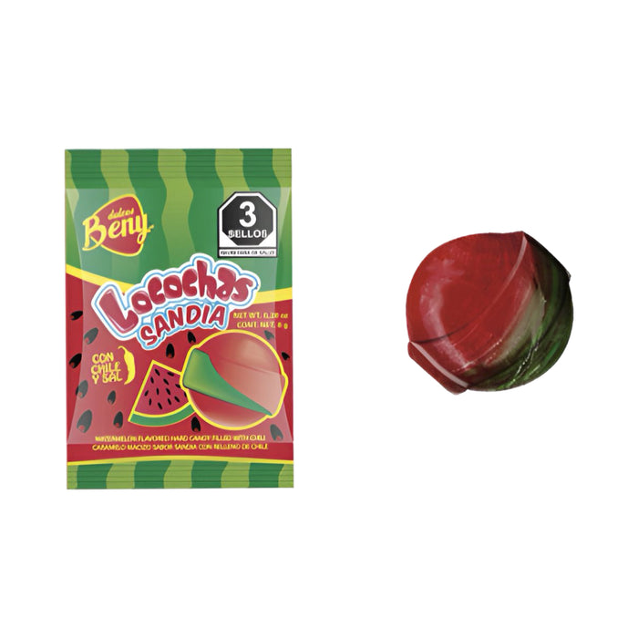 Beny Locochas Sandia watermelon flavored hard candy with chili powder center, bulk Mexican candy pack of 60.