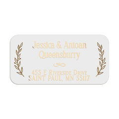 XOXOKristen rose gold foil address label with botanical laurel decoration, printed on white PVC vinyl, applied on blush pink stationery - XOXOKristen