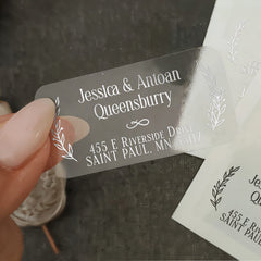 XOXOKristen silver foil return address label with botanical laurel branch design and serif fonts, printed on clear PVC vinyl for envelopes - XOXOKristen