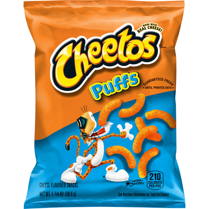 Cheetos Cheddar Puffs 1.375 Oz bag showcasing cheesy flavored snacks, perfect for Frito Lay bulk chips case.