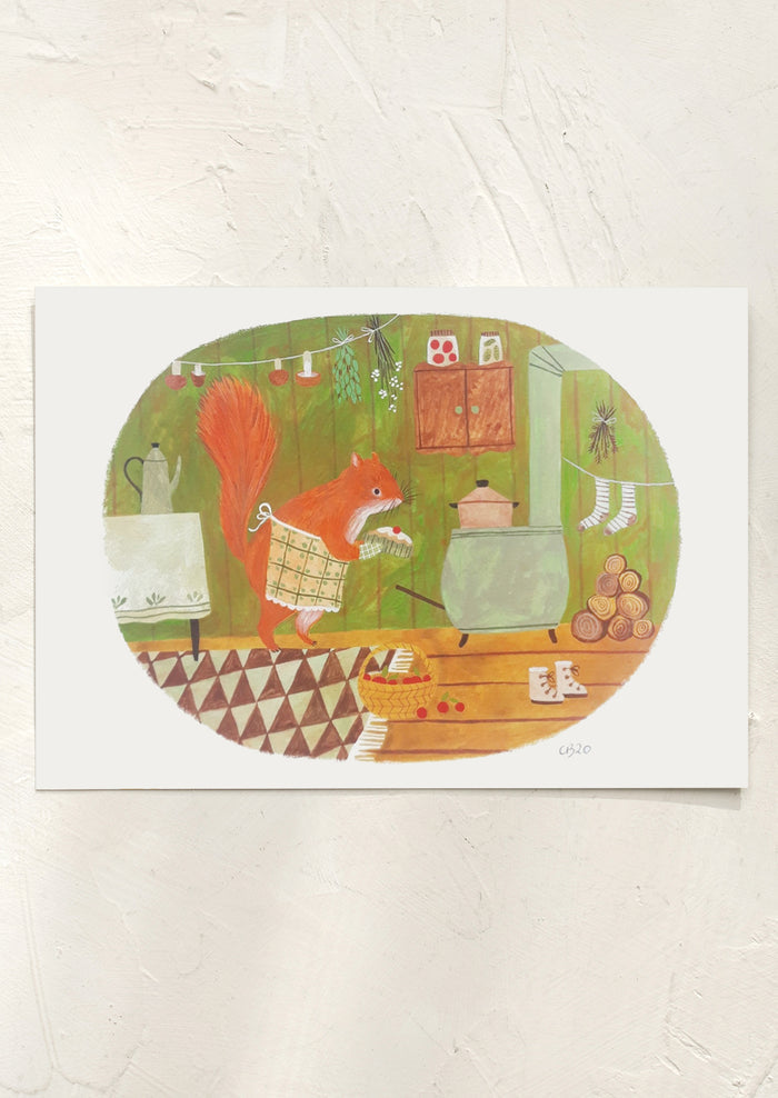 An art print depicting a squirrel baking at home.