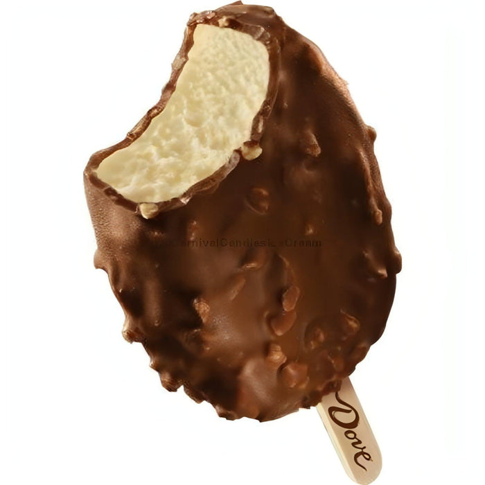 Dove Almond Ice Cream Bar with a bite taken out, showcasing creamy ice cream and crunchy almonds, ideal for bulk ice cream lovers.