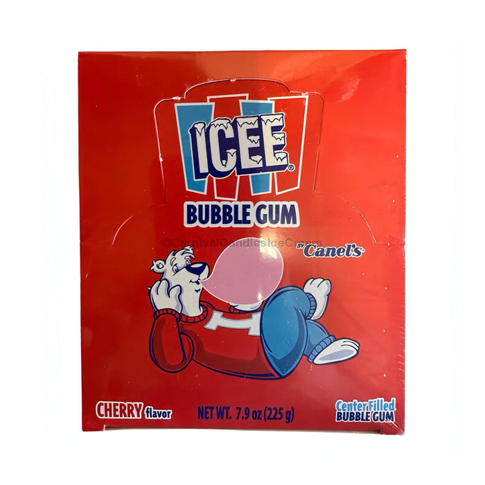ICEE Cherry Splash Bubble Gum packaging, featuring colorful design and center-filled gum, perfect for candy lovers.