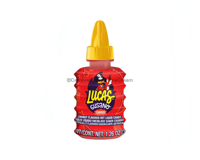 Lucas Gusano Chamoy liquid candy bottle, bulk Mexican candy with tangy flavor, 1.26 oz.