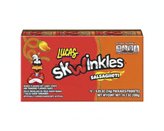 Lucas Salsaghetti Mango 12 count box, Mexican candy with sour gummy strips and tamarind sauce for a spicy twist.