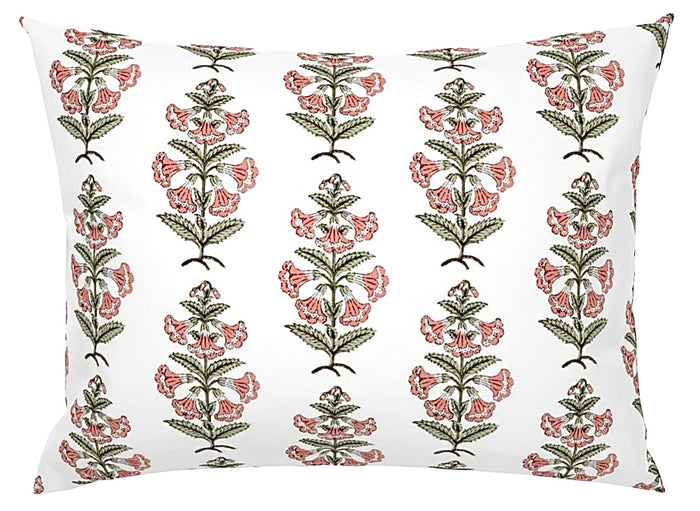 Coral Pink and Dark Green Petunia Block Printed Canvas Pillow Cover: Available in 10 Sizes - Annabel Bleu