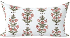 Coral Pink and Dark Green Petunia Block Printed Canvas Pillow Cover: Available in 10 Sizes - Annabel Bleu