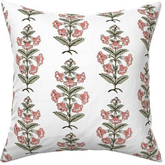 Coral Pink and Dark Green Petunia Block Printed Canvas Pillow Cover: Available in 10 Sizes - Annabel Bleu