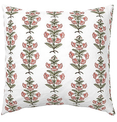 Coral Pink and Dark Green Petunia Block Printed Canvas Pillow Cover: Available in 10 Sizes - Annabel Bleu
