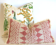 Rose Embroidered Schumacher Pillow Cover with Cream Fringe - Annabel Bleu