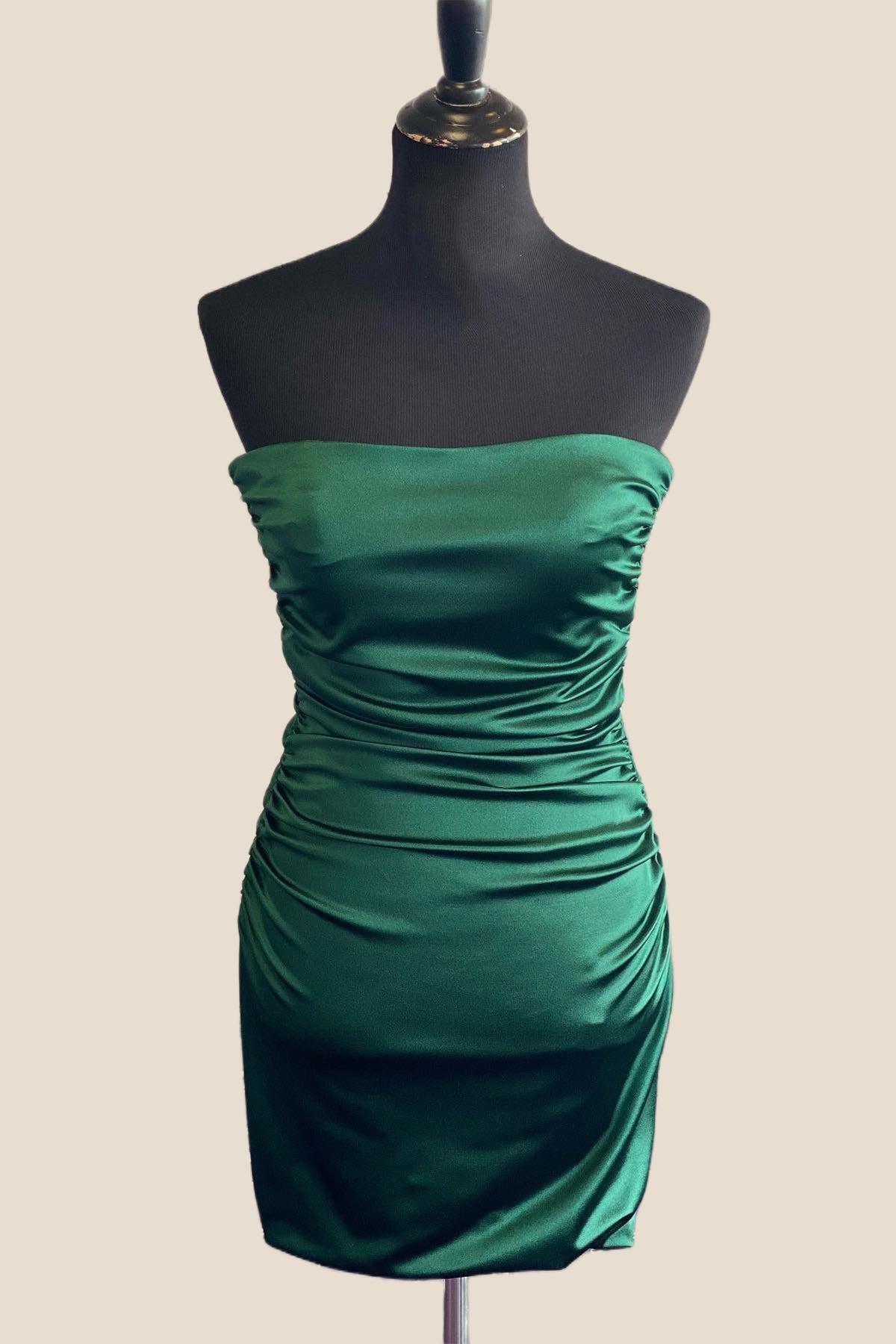 Strapless Green Satin Ruched Tight Ruched Mini Dress