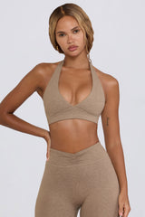 Brushed Jersey V-Neck Sports Bra in Mocha Marl