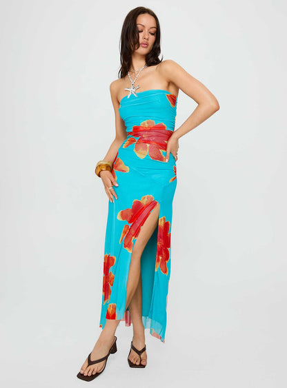 Katara Strapless Maxi Dress Blue / Orange Floral
