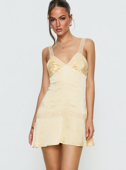 Sybelle Lace Drop Waist Mini Dress Yellow