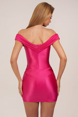 Satin Off-Shoulder Draped Mini Dress in Hot Pink