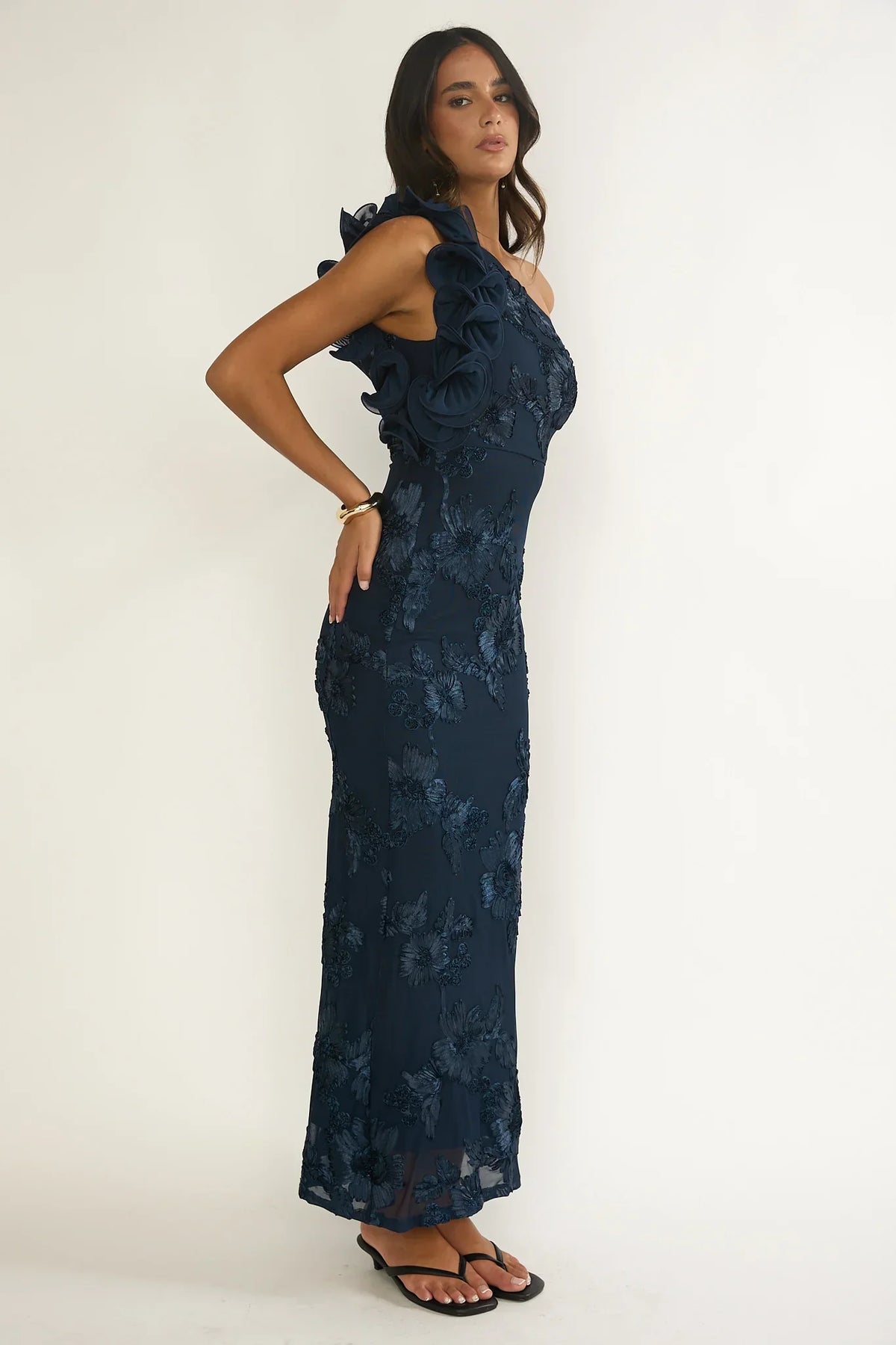 Deanna One-Shoulder Ruffle Maxi Dress Floral Navy