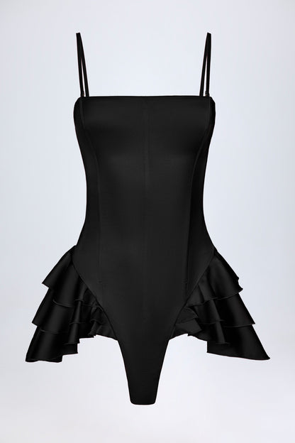 Ruffled Lace-Up Corset Playsuit in Black