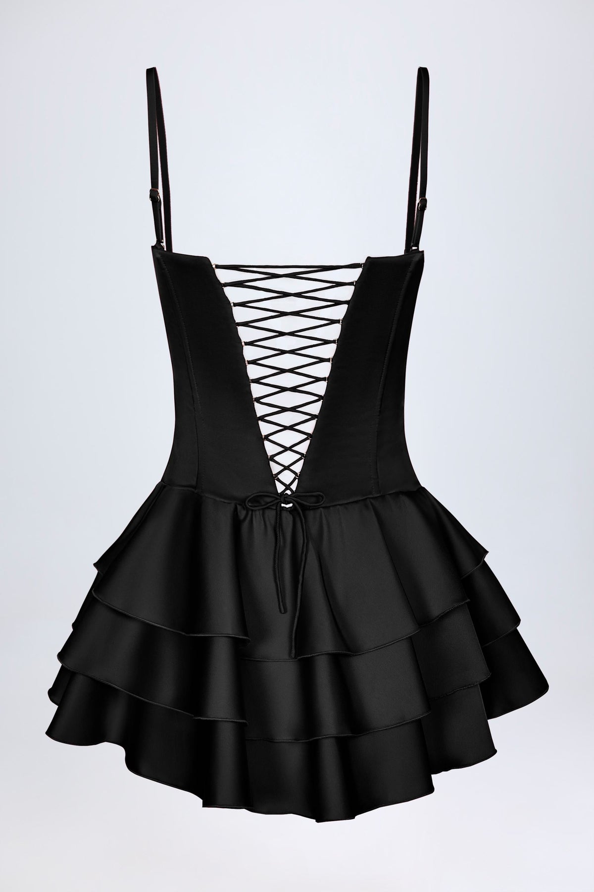 Ruffled Lace-Up Corset Playsuit in Black