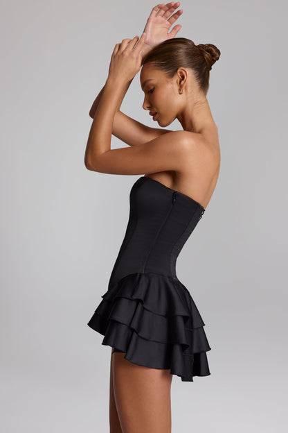 Ruffled Lace-Up Corset Playsuit in Black