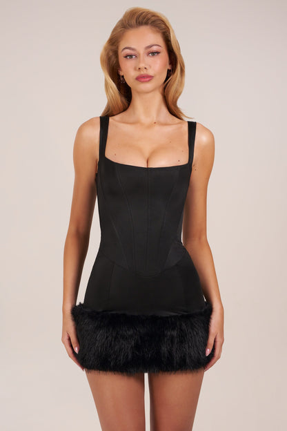 Satin Square-Neck Corset Faux-Fur Mini Dress in Black