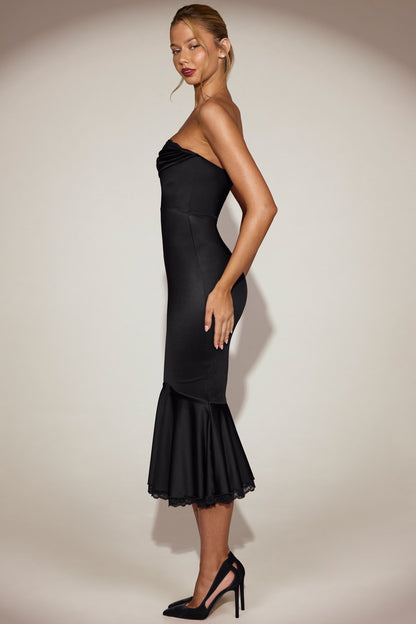 Satin Lace-Trim Bandeau Fluted Midaxi Dress in Black