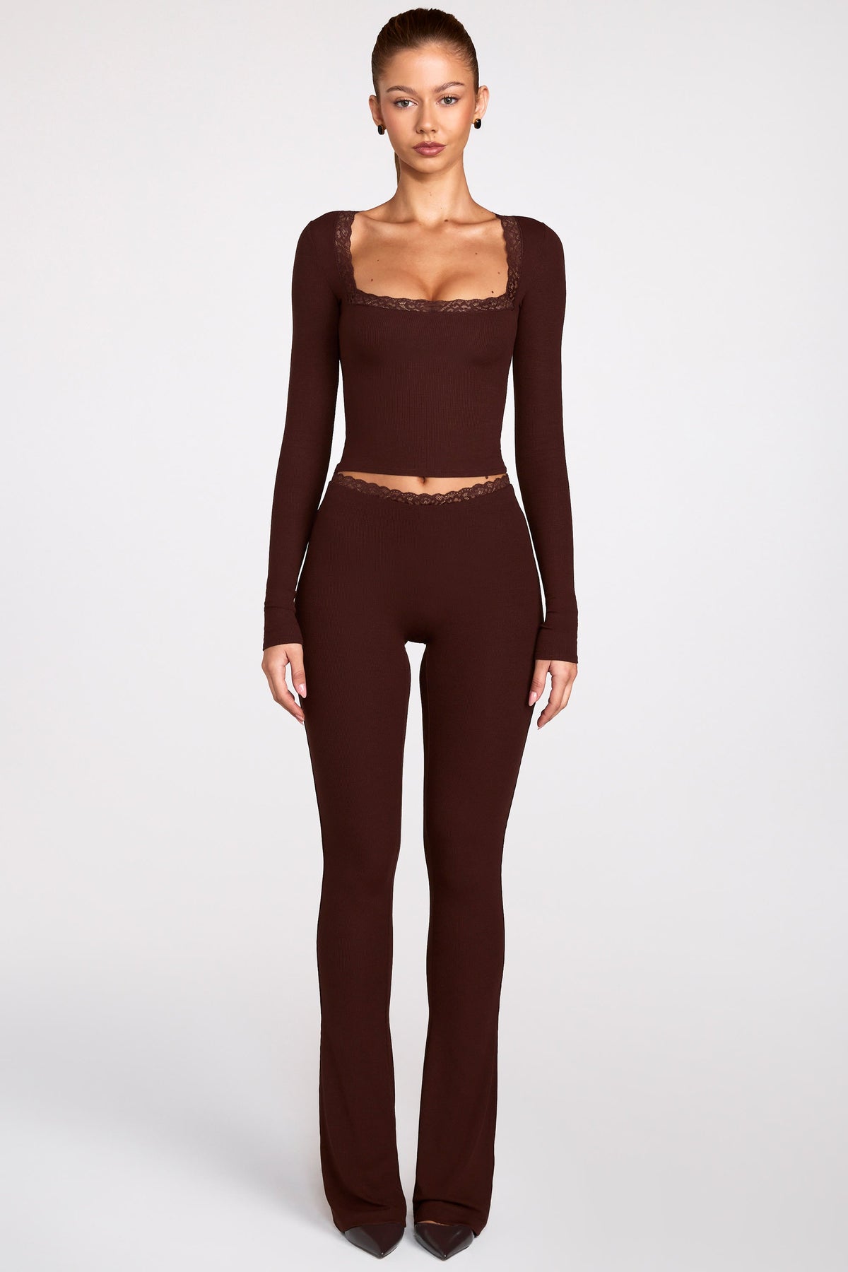 Ribbed Modal Square-Neck Long-Sleeve Top in Chocolate Brown