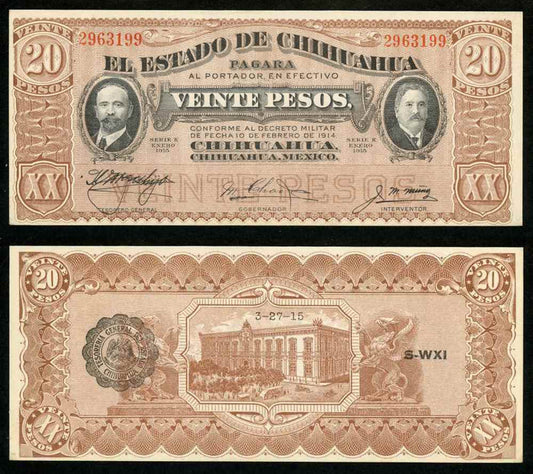 1915 Banknote State of Chihuahua Mexico Series K, 20 Pesos Pick S537b Crisp AU++