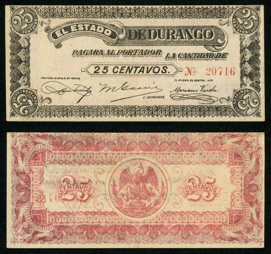1915 Mexico Estado De Durango 25 Centavos Banknote Pick S747 M1508 Apparent UNC