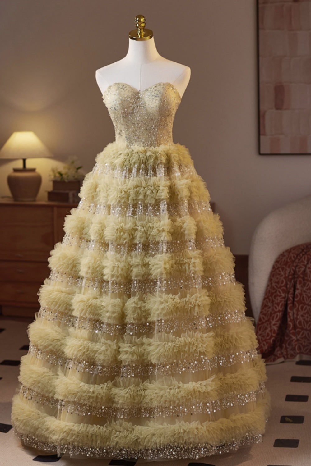 Golden Sweetheart Sequin Ruffle A-line Prom Gown