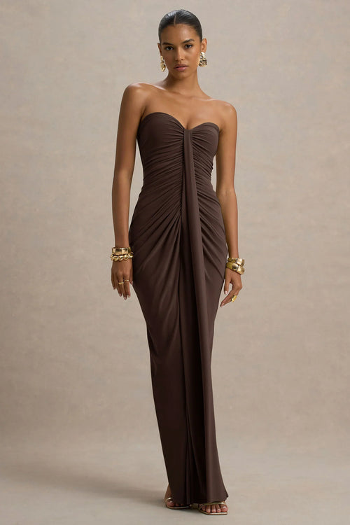 Ali | Brown Sweetheart Ruched Wrap Maxi Dress