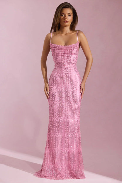 Embellished Cowl-Neck Backless Maxi Dress in Pink