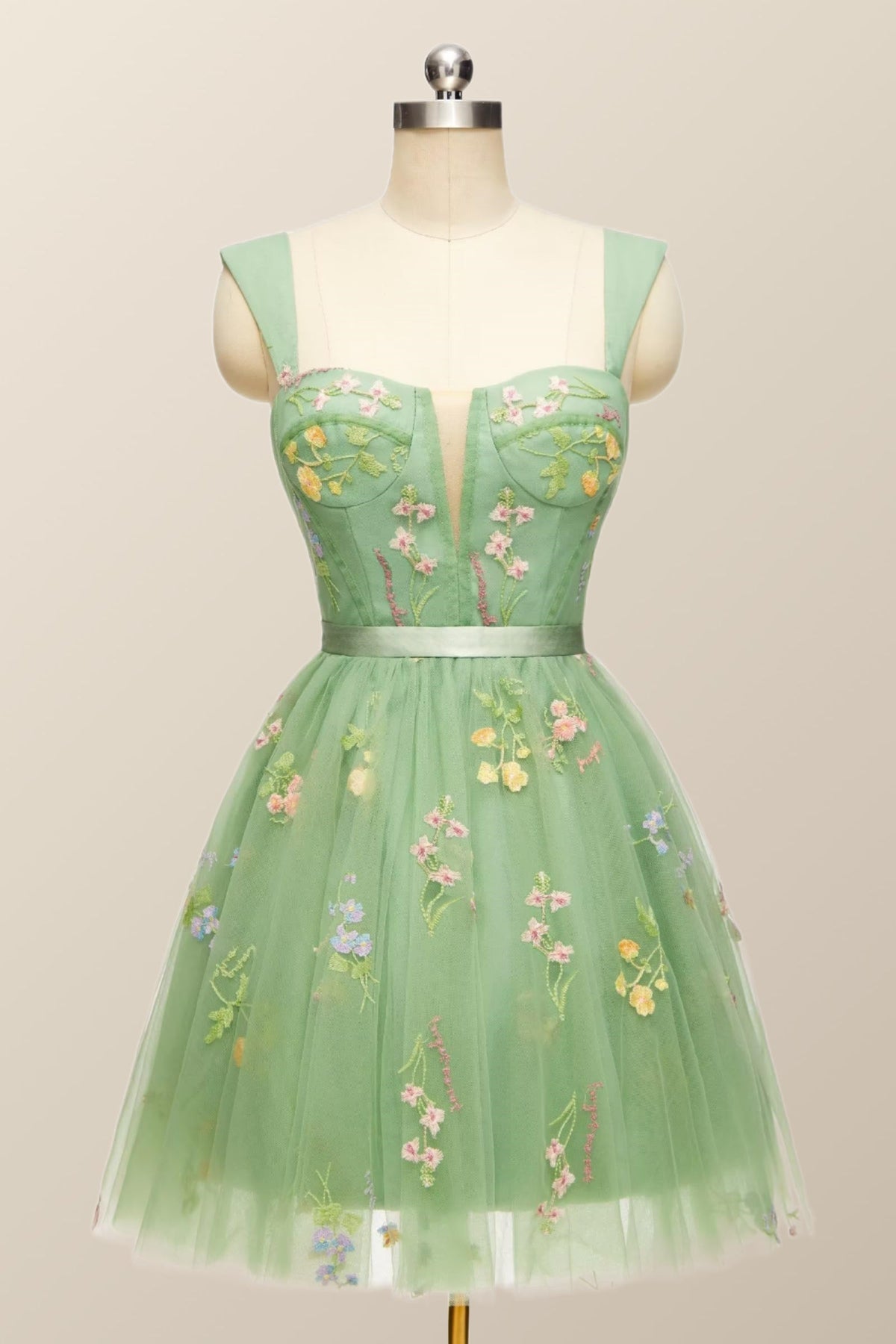 Green Floral A-line Short Princess Dress with Square Neck
