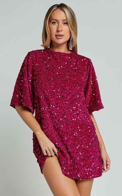 Valetta Mini Dress - Sequin low back shift dress in Hot Pink
