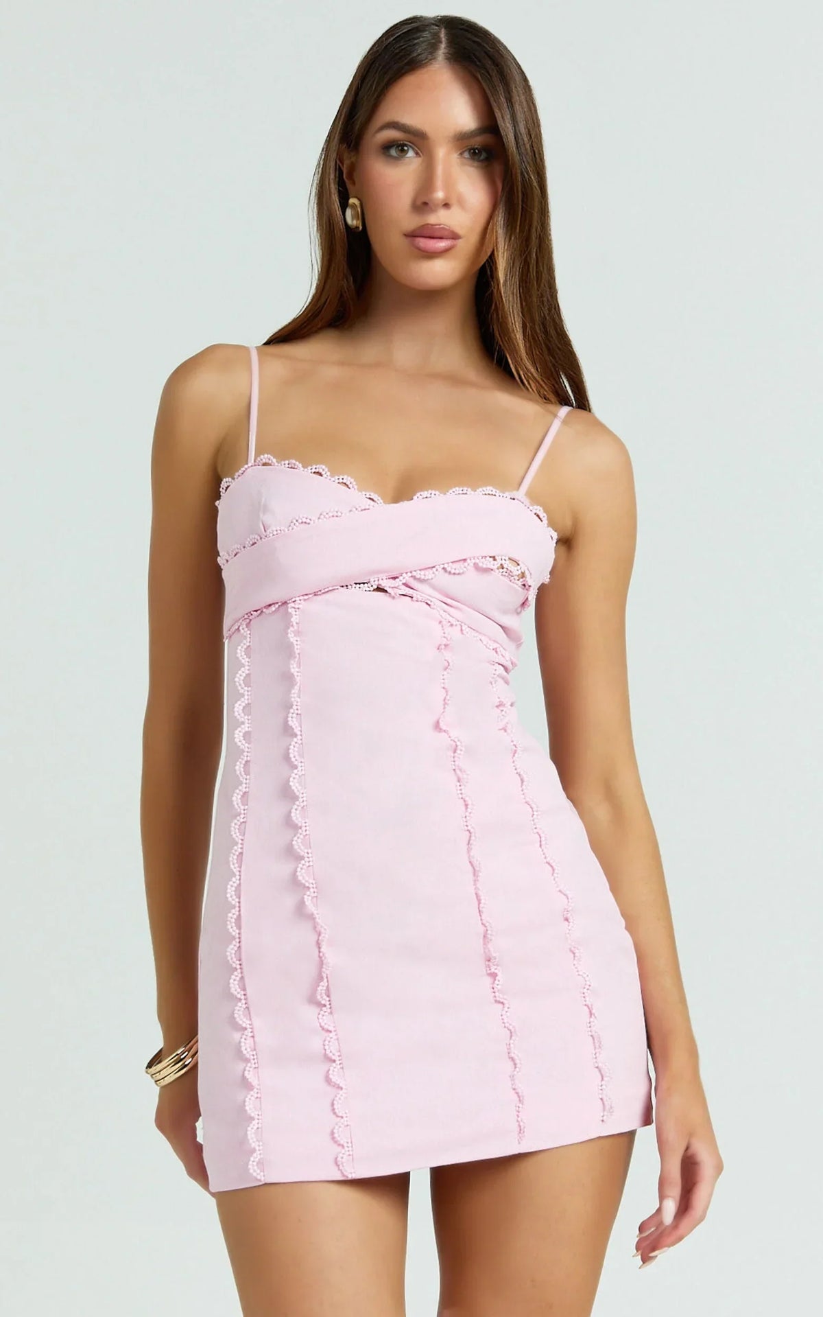 Gigi Mini Linen Blend Dress - Sweetheart Tie Back Scallop Detail Dress in Pink