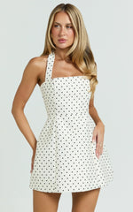 Dante Mini Dress - Halter Neck Tie Tulip Skirt Dress in White Polkadot