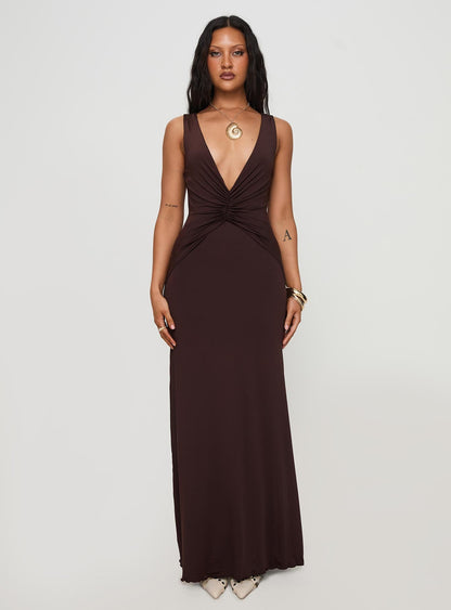 Frederica Plunge Maxi Dress Chocolate