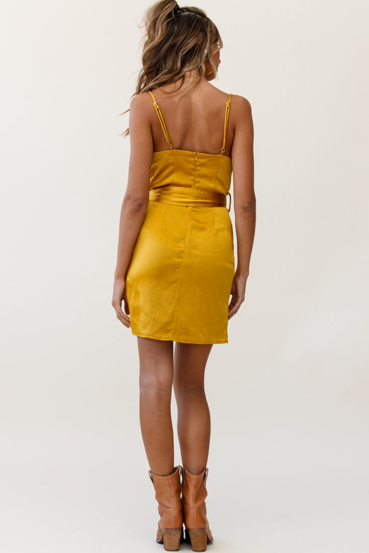 Bebe Satin Cowl Neck Wrap Dress Mustard