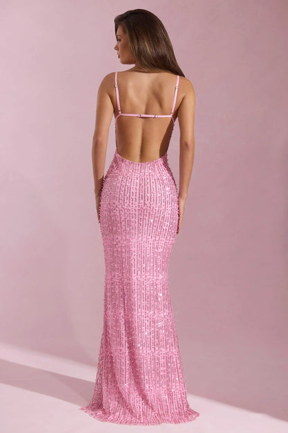 Embellished Cowl-Neck Backless Maxi Dress in Pink