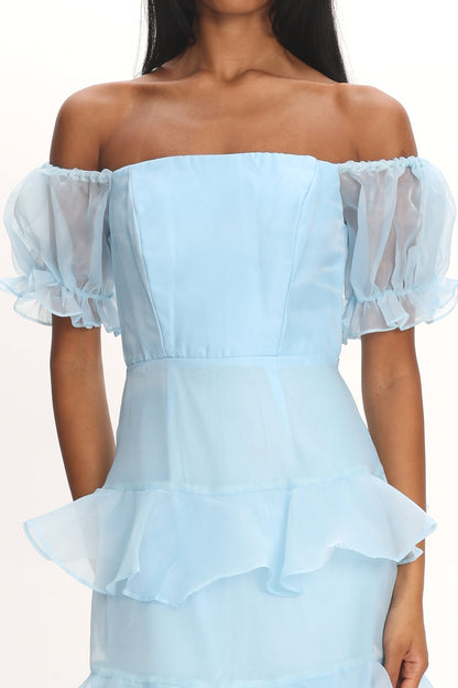 Delwynn Puff Sleeve Layered Midi Dress Blue