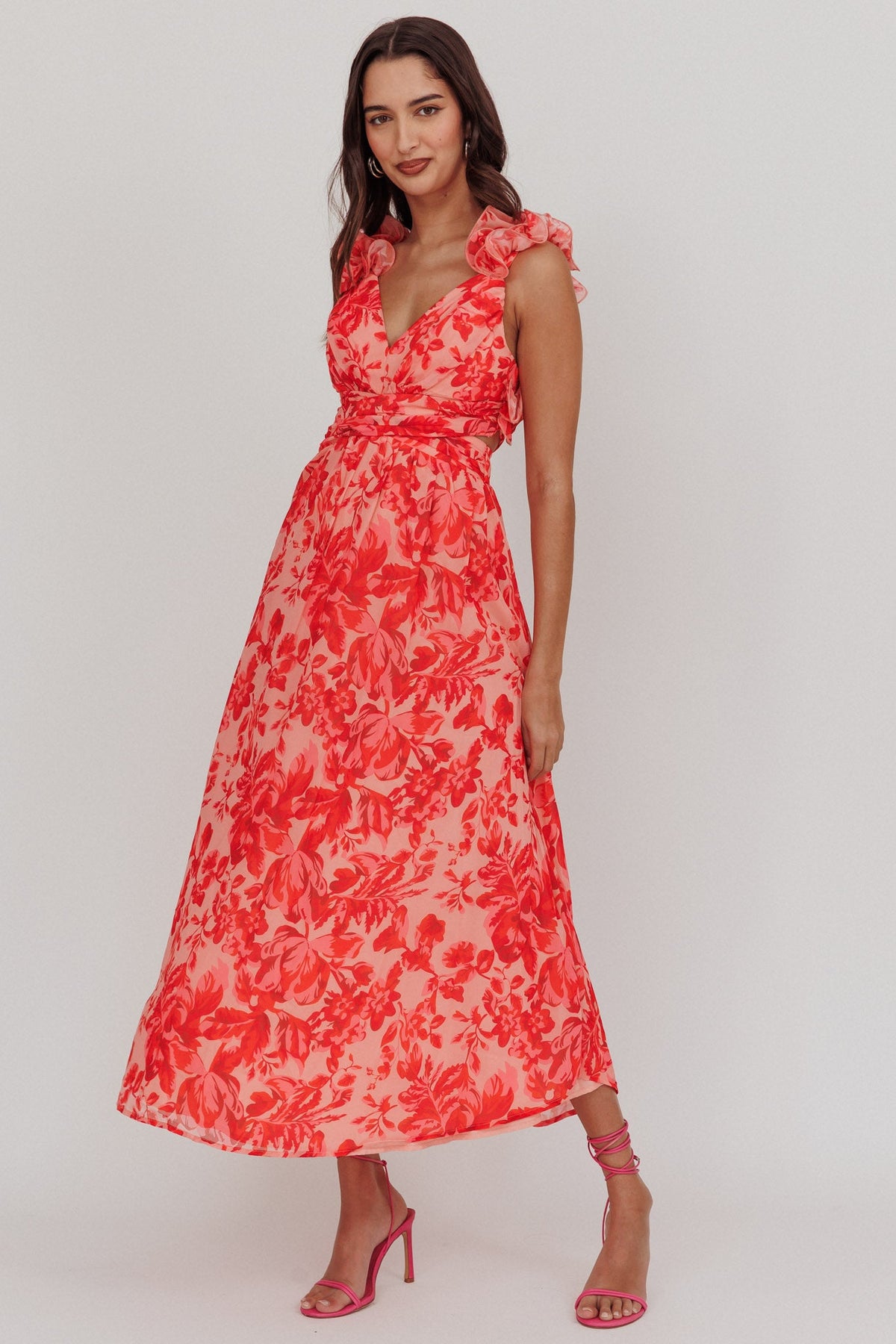 Madara Lace-Up Back Maxi Dress Floral Red