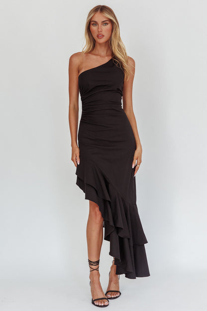 Bold Love One-Shoulder Asymmetric Hem Dress Black