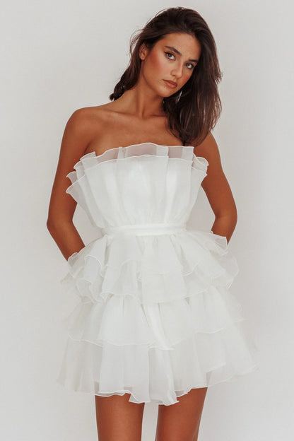 Bon Bon Tiered Organza Mini Dress White